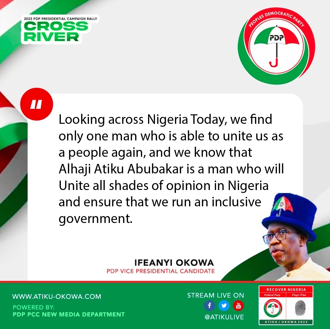PDPAwareness's tweet photo. Thank You The Good People Of Cross River State. The Rally Is So
Colourful & Electrifying.
The Opportunity Is Here To Restructure & Recover NIgeriaπ³π¬ from Bad Government.
As One We Can Get It Done.
Vote @atiku & @IAOkowa!π³οΈβοΈ
#RecoverNigeria
#RecoverCrossRiverWithPDP https://t.co/Z0N41Bebh4
