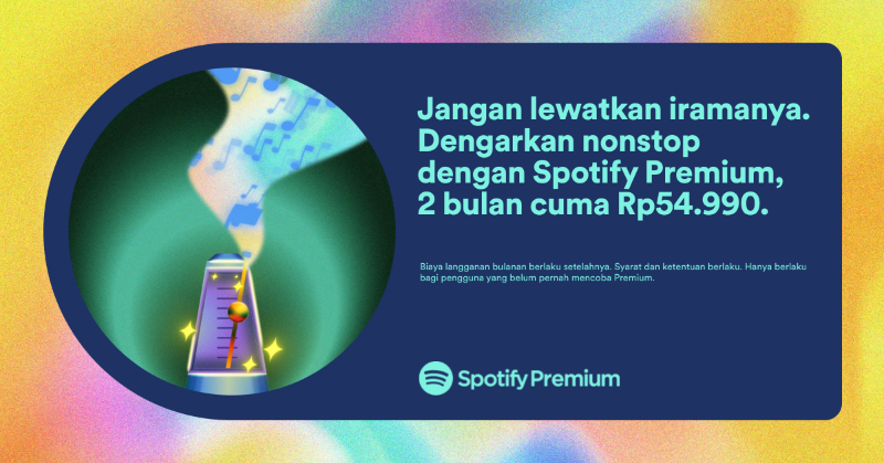 Spotify's tweet photo. Coba musik bebas iklan di Spotify Premium, 2 bulan cuma Rp54.990. Batalkan kapan saja.