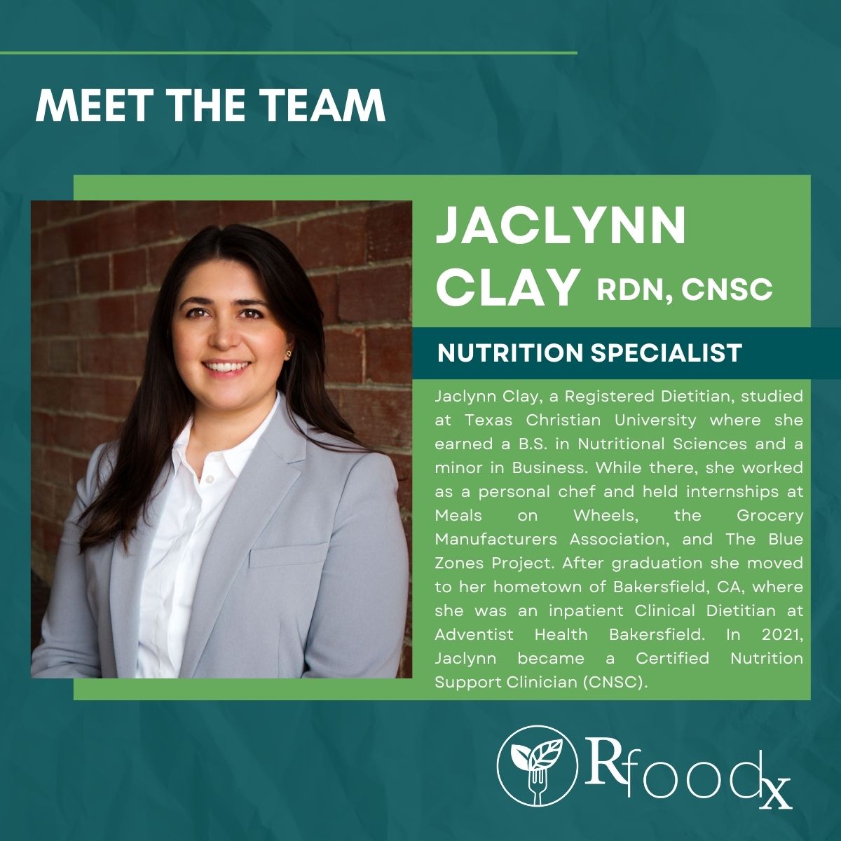 RootsFoodGroup's tweet photo. We are excited to welcome Jaclynn Clay, RDN, CNSC as an Rfoodx Nutrition Specialist! #GrowingRoots #Rfoodx https://t.co/uNITd6Yf98