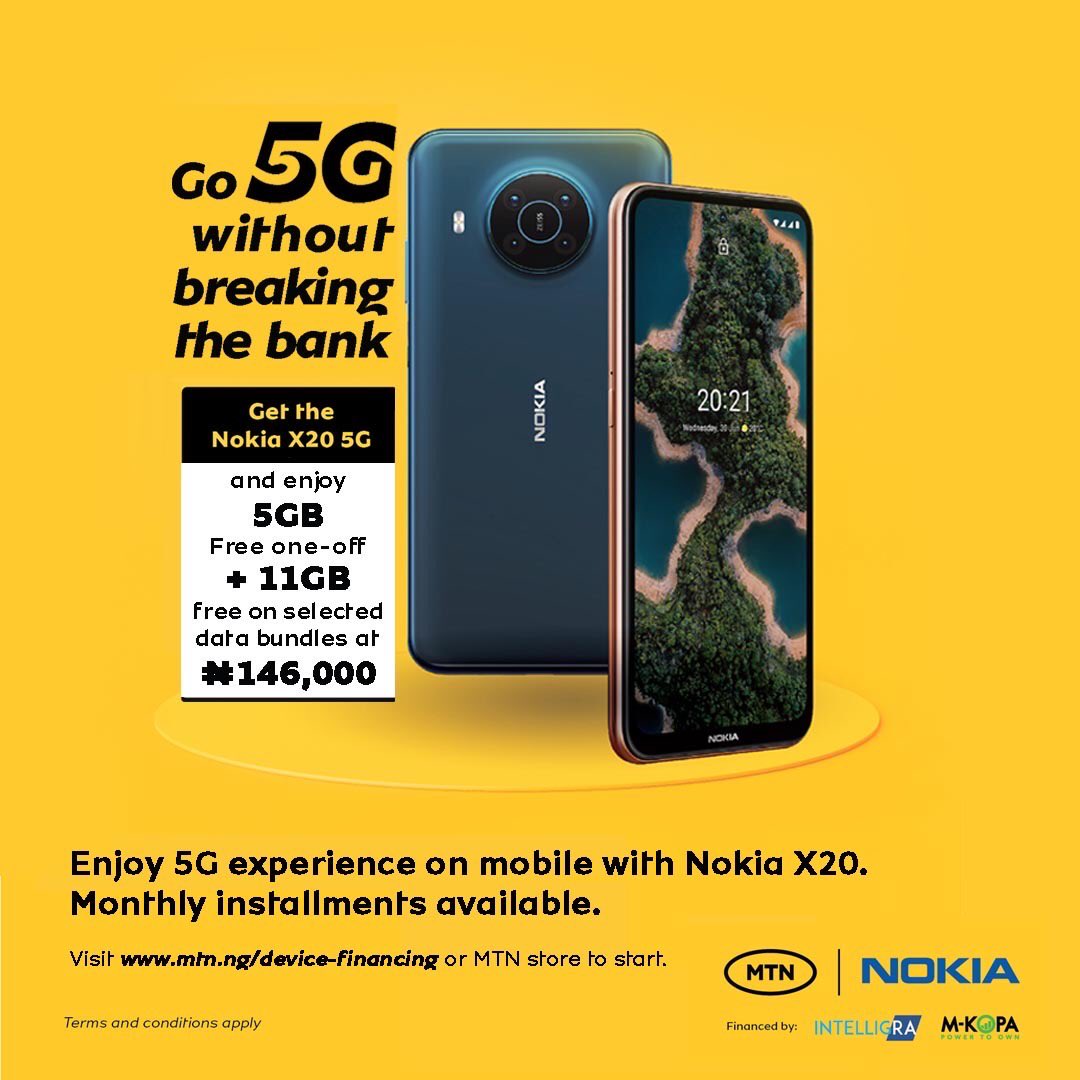 MTNNG's tweet photo. Say goodbye to slow internet speeds with the MTN 5G on the Nokia X20.

Get the Nokia X20 to enjoy 5GB Free one-off + 11GB free on selected data bundles. 

#MTN5G 
#MTNxNokia https://t.co/VVppkx6zud
