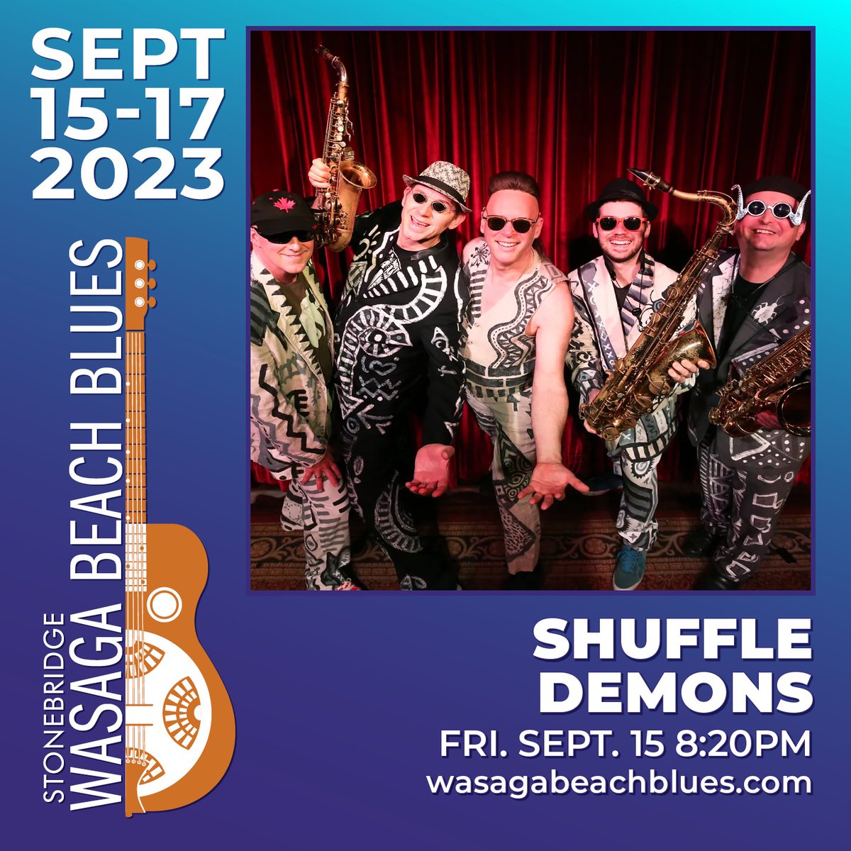 Put on your dancing shoes.  The The Shuffle Demons   will be hitting the festival stage on Friday, September 15th at 8:20pm. Check out the full lineup on our website, save the date and buy your tickets today. 
wasagabeachblues.com/festival-lineu…