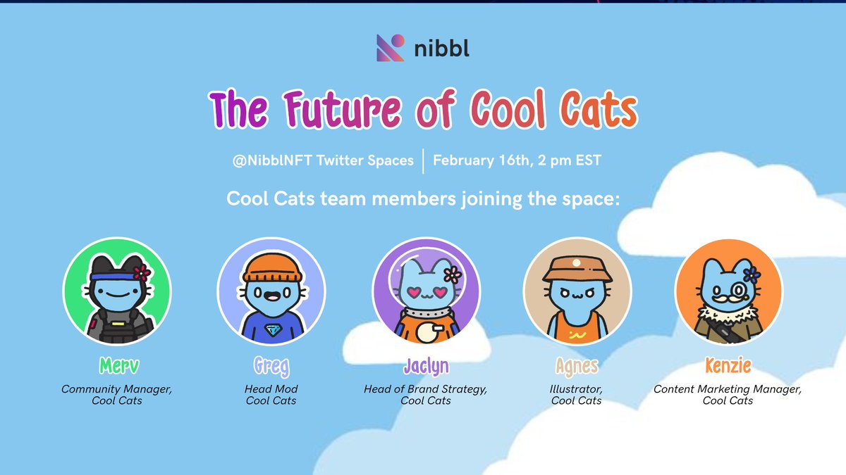Catch us on Thursday with co-hosts <a href="/SDwSniper/">Sniper</a> &amp; <a href="/mervxxgotti/">M Ξ RV xx GOTTI</a> along with some @CoolCats team members when we'll talk about the future of Cool Cats.😼

It'll be great to hear about the Cool Cats' values, rebrand, and values from the team members themselves.🚀

⏰2 PM EST
📅Feb 16th