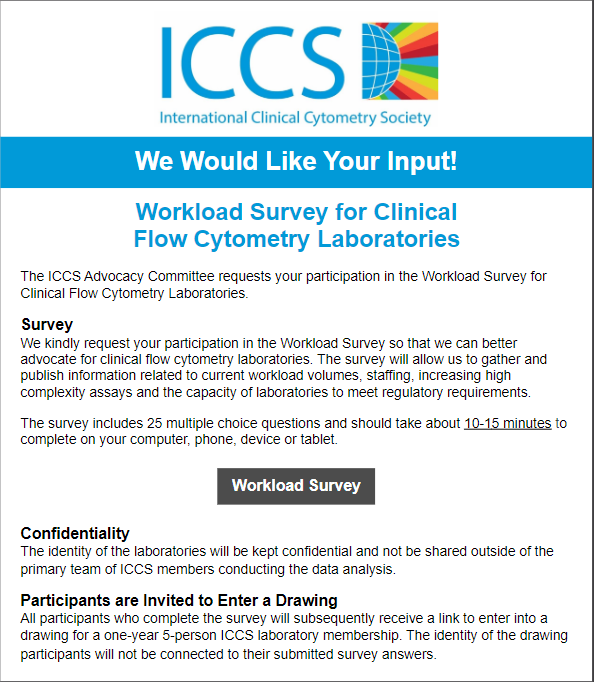 ICCS_Education's tweet photo. ICCS members and non-members, we seek your input on this Workload Survey to help advocate for our laboratories!

See link &amp; pass along to your flow group! https://t.co/8WXuQDXcEV

Respondents can enter a drawing for a 1-year group membership. Thank you for your participation! https://t.co/v7ww9pO090