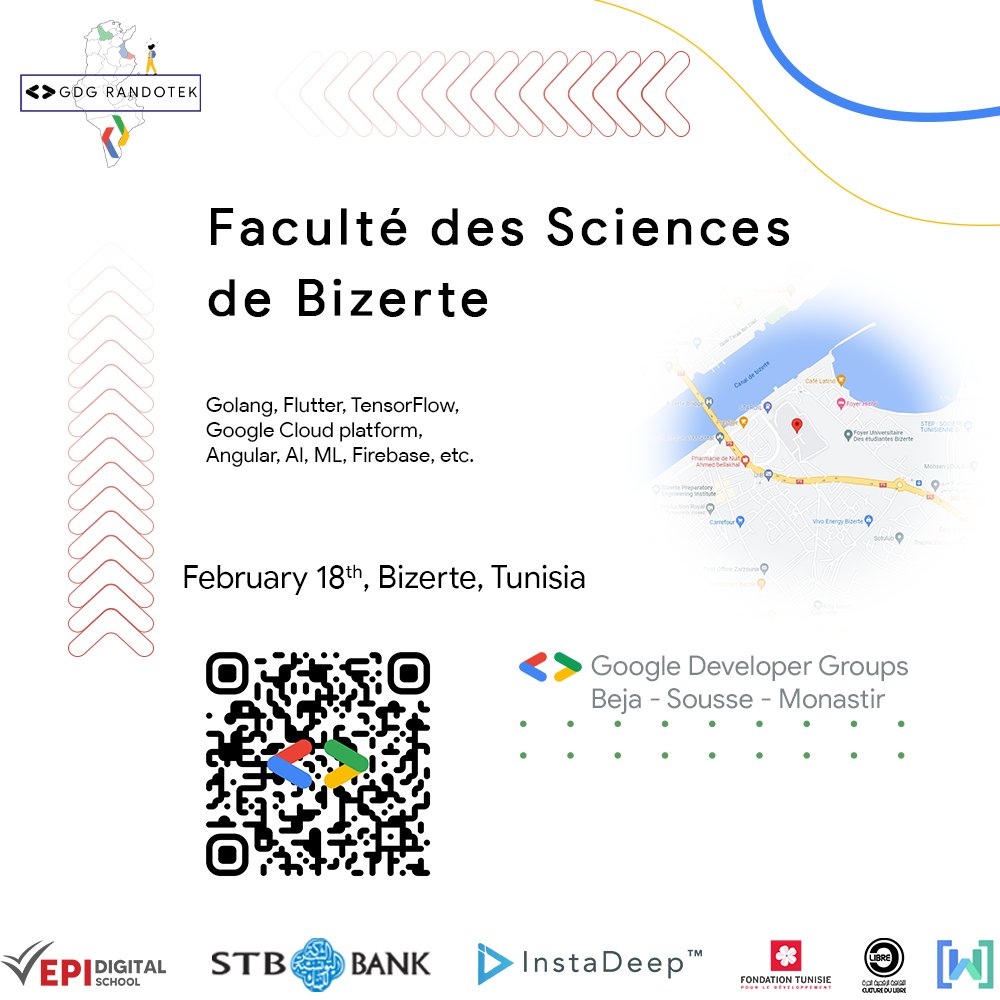 GDGSousse's tweet image. Success belongs to those who put in the most effort 🤓
The double-session weekends will continue😍

GDG Randotek team is visiting Bizerte this Saturday, February 18th you&apos;ll find us at Faculté des sciences Bizerte 👇👇
forms.gle/7vn1VdxzJfEPzM…

#gdgmena #instadeepai #epidigital