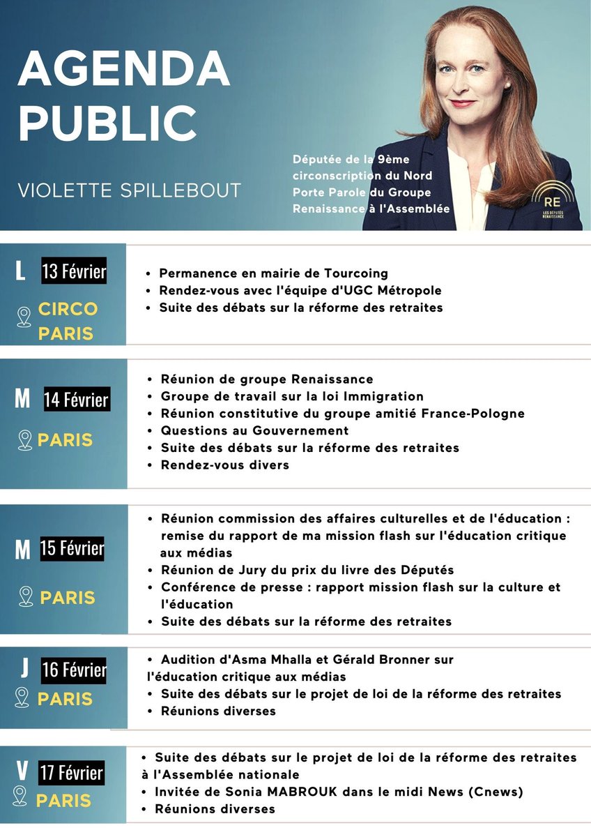 VSpillebout's tweet photo. 📆Retrouvez mon agenda de la semaine
#bondues #mouvaux #tourcoing #lille #marcqenbaroeul #circo5909 #assembleenationale #reformedesretraites #missionflash #educationcritiqueauxmedias https://t.co/LU2D2Gqzip
