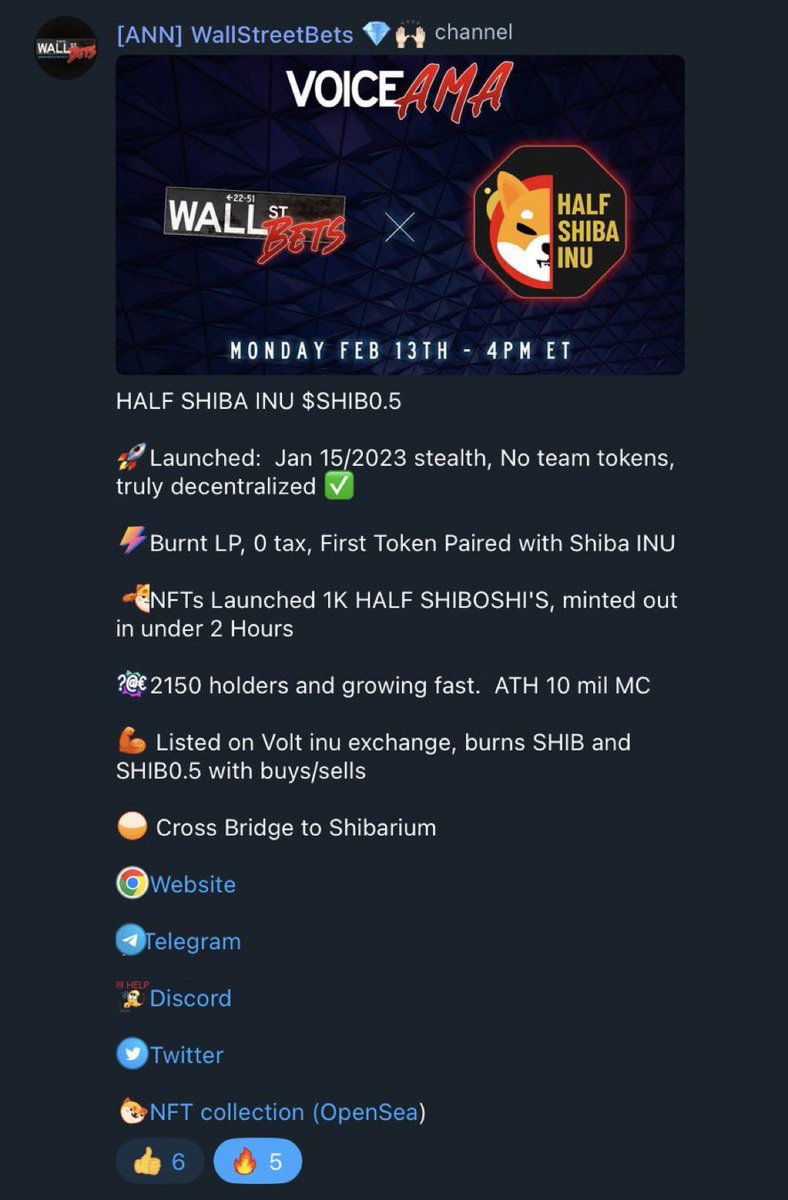 <a href="/ianheinischmma/">Ian Heinisch</a> <a href="/ShibaArmy2021/">SHIBA ARMY</a> <a href="/shibariumholder/">SHIBA MILLIONAIRE</a> <a href="/shibawhalesArmy/">ShibaArmywhales</a>

#HALFSHIB Ian, please join our AMA with Wallstreet Bets February 13th at 4 PM ET!

For more information join our TG group or the WallStreetBets TG group!

#SHIB #Shibarium 

t.me/HalfShibaInu
t.me/wallstreetbets