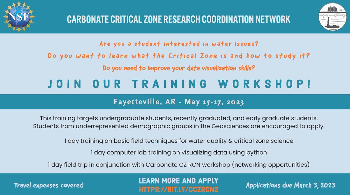 CZCNet's tweet photo. Join @KarstRCN for a training workshop in Fayetteville, AR May 15-17! Students from underrepresented demographic groups in the Geosciences are encouraged to apply. Applications due March 3rd! More information available here: https://t.co/5Ps4hulXCw https://t.co/MRCcYtVbEl