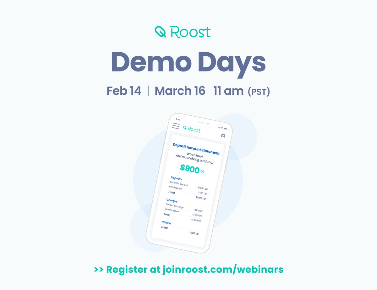 Don't forget to sign up for our short and sweet 15-minute demo tomorrow Feb 14th to see how automating cash security deposit management can help properties significantly reduce costs. Register at joinroost.com/webinars #proptech #multifamily  #cashsecuritydepositautomation