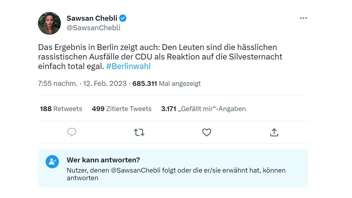 Der Tweet von Frau #Chebli zeigt einmal mehr, dass sie

a) von #rassismus nicht des blassesten Schimmer hat.
b) nicht dialog- und kritikfähig ist.

#Berlin #Berlinwahl #Berlinwahl2023 #BerlinWahlen2023 #CDU
