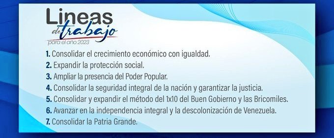 DigesaludFANB's tweet photo. #DeInterés || Conozca las líneas de trabajo anunciadas por el Presidente de la República, @NicolasMaduro, para la consolidación de una nueva etapa de Gobierno de innovación y junto al pueblo en este 2023.

#13Feb https://t.co/LjKCTvQVNb