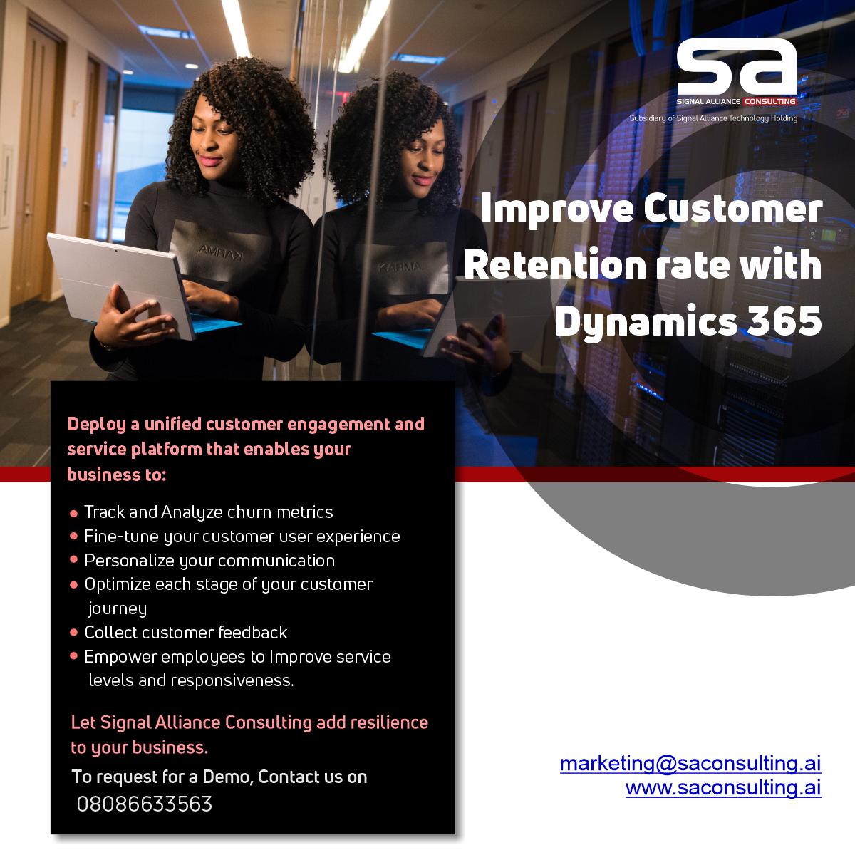 SAconsultingai's tweet image. In an ever-growing competitive industry, Customer takes the center stage, hence a transformational shift in the way business interact with customers. Your organisation can improve Customer Retention rate with with a unified platform;  Dynamics 365.
#technology #enterprisesolution
