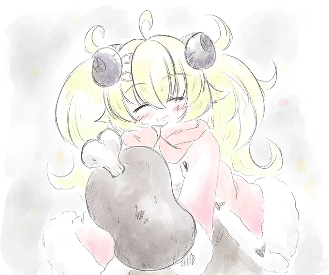 この前ツインテわためぇ描いた時に何人かの方にバレンタインも…って言われてたし描こうかなって思ったんだけどししわたが「バレンタインといえば肉!」って言ってたのでこうなりました(ぁ#つのまきあーと 
