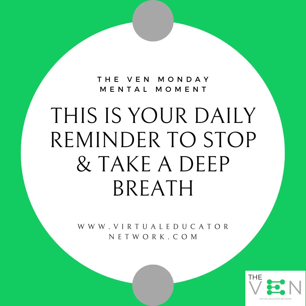 The saying 'Stop and take a deep breath' is great advice for so many reasons! Deep breathing reduces stress, lowers blood pressure, and helps you to relax.#TheVEN #virtualeducatornetwork #TheVENmentalhealthmoment #selfcaretips #selfcarematters #SelfCareIsHealthcare #selfcare101