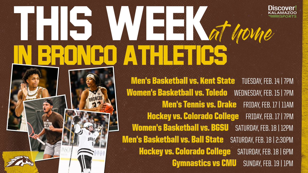 It's a busy week here in Kalamazoo! There are plenty of opportunities to catch your Broncos in action this week! Get your tickets now at:
wmubroncos.com/tickets 
🏀🎾🏒🤸‍♀️