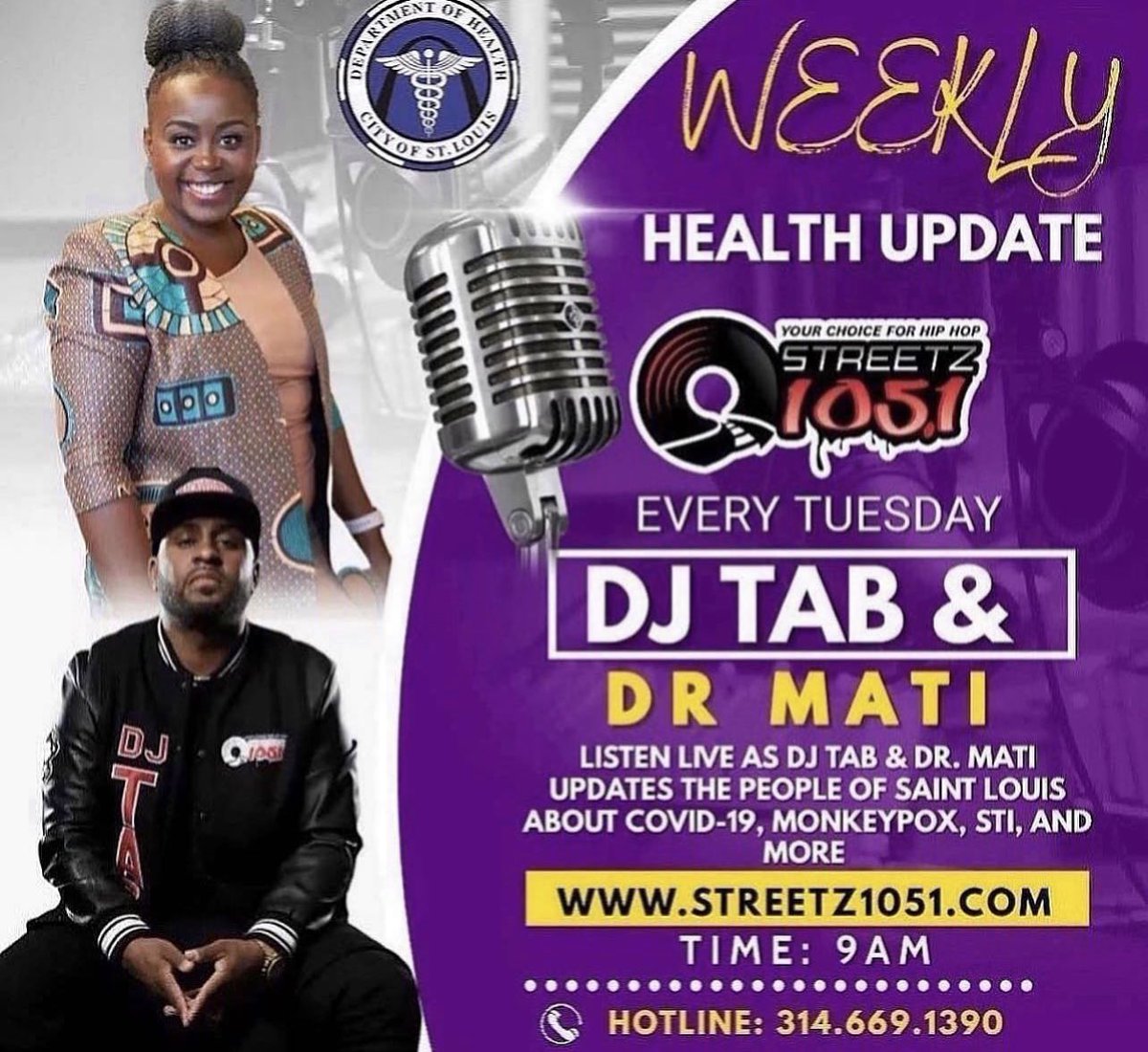 streetz1051's tweet photo. Good morning!
Tune-in at 9 AM to listen to the Weekly Update with Dr. Mati and Dj Tab tomorrow morning!
#TheWeeklyUpdateShow
@MatiH_ID https://t.co/xOmbjz0p9t