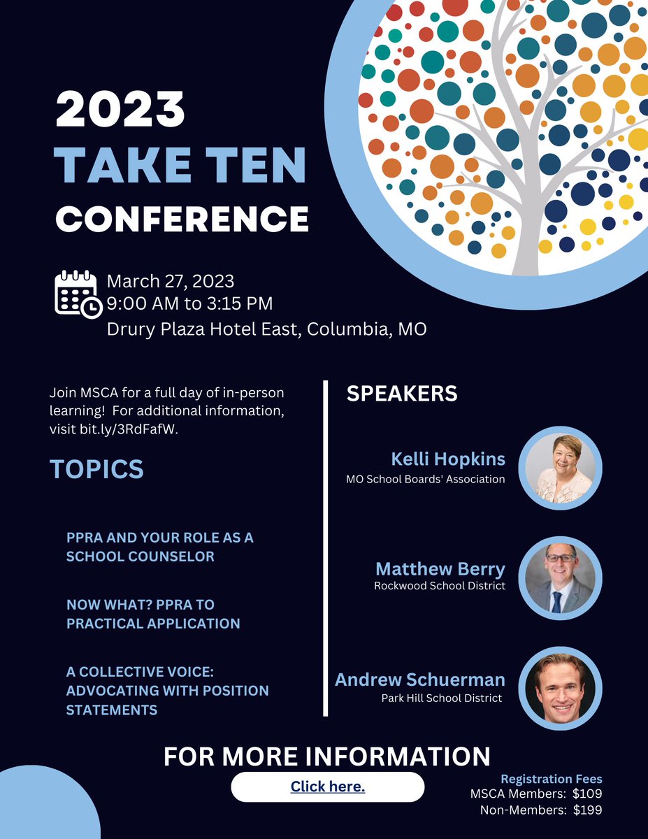 Don’t forget that the 2023 Take Ten Conference is quickly approaching! It is scheduled for March 27th, 9am-3:15pm at Drury Plaza Hotel East in Columbia. Be sure to register today! bit.ly/3RdFafW