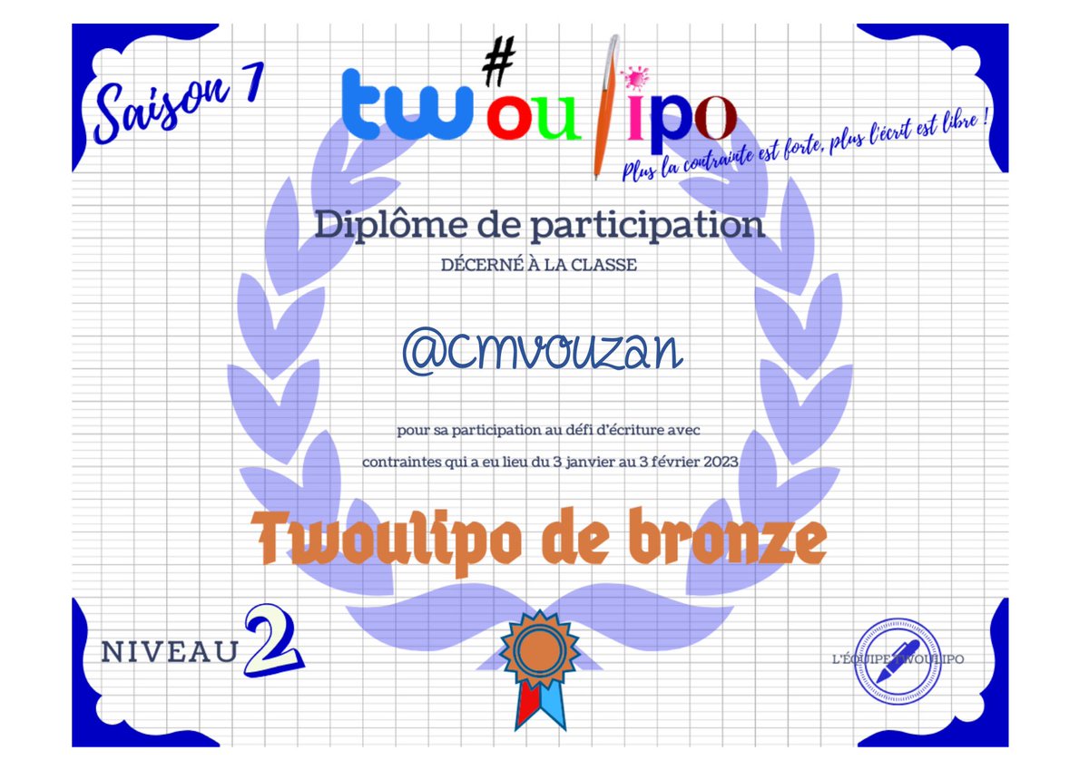 tw_oulipo's tweet photo. Au terme des 4 semaines, la saison 7 de @tw_oulipo affiche de bien beaux diplômes, un grand bravo à toutes les classes de l'#EQ27
@TaissyCM1
@ce2cmlameauffe
@CMGutenberg
@CMfontenelles
@la_classe_13
@cmvouzan
@CanitrotCorinne https://t.co/qgPKjo5isJ