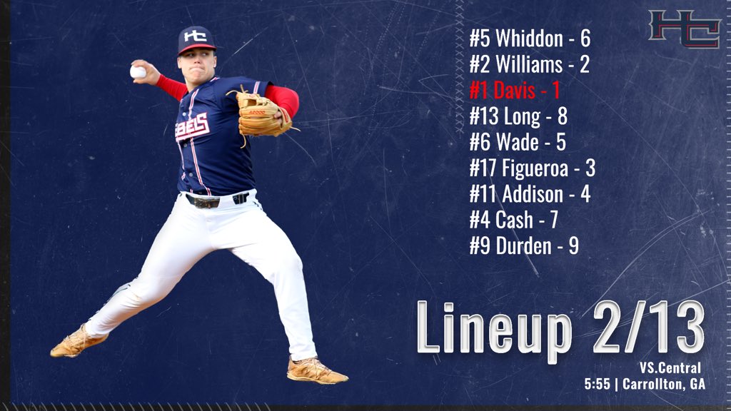 Our guy <a href="/HoldenDavis_3/">Holden Davis</a> gets the start in our 2023 season opener! Go Rebels! #RiseUp <a href="/baseball_rebel/">HCRebelBaseball</a>