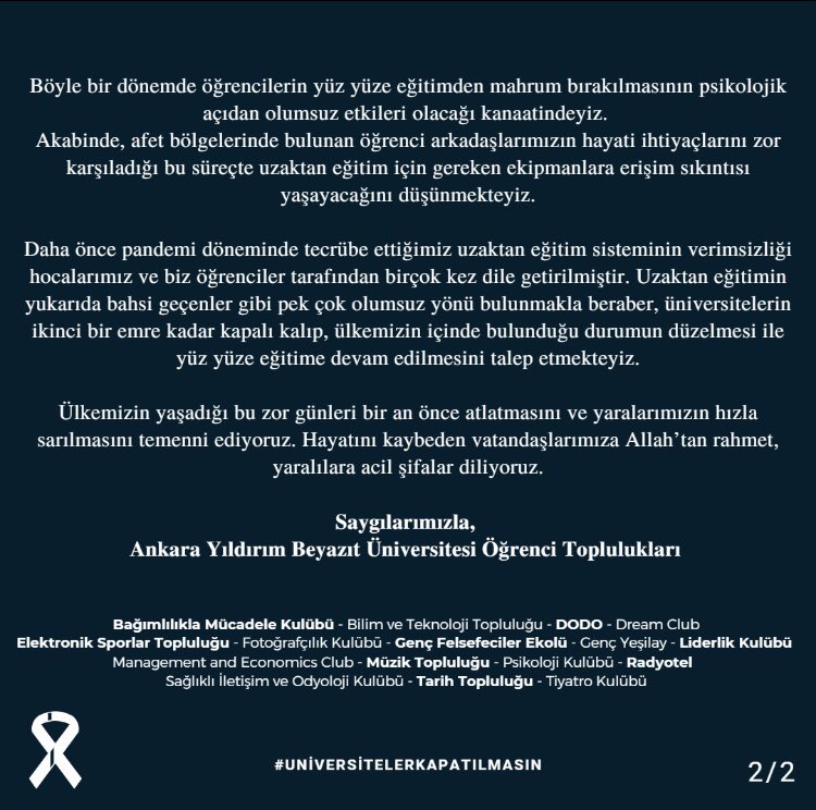 Ankara Yıldırım Beyazıt Üniversitesi Öğrenci Toplulukları olarak online eğitim kararına ilişkin ortak açıklamamızdır.
#universitelerkapatılmasın #uzaktan #YurtlarÇözümDeğil
<a href="/profdriaydinli/">Prof.Dr.İbrahim AYDINLI</a> <a href="/ybuankara/">Ankara Yıldırım Beyazıt Üniversitesi</a> <a href="/YuksekogretimK/">Yükseköğretim Kurulu (YÖK)</a> <a href="/erolozvar/">Erol Özvar</a>