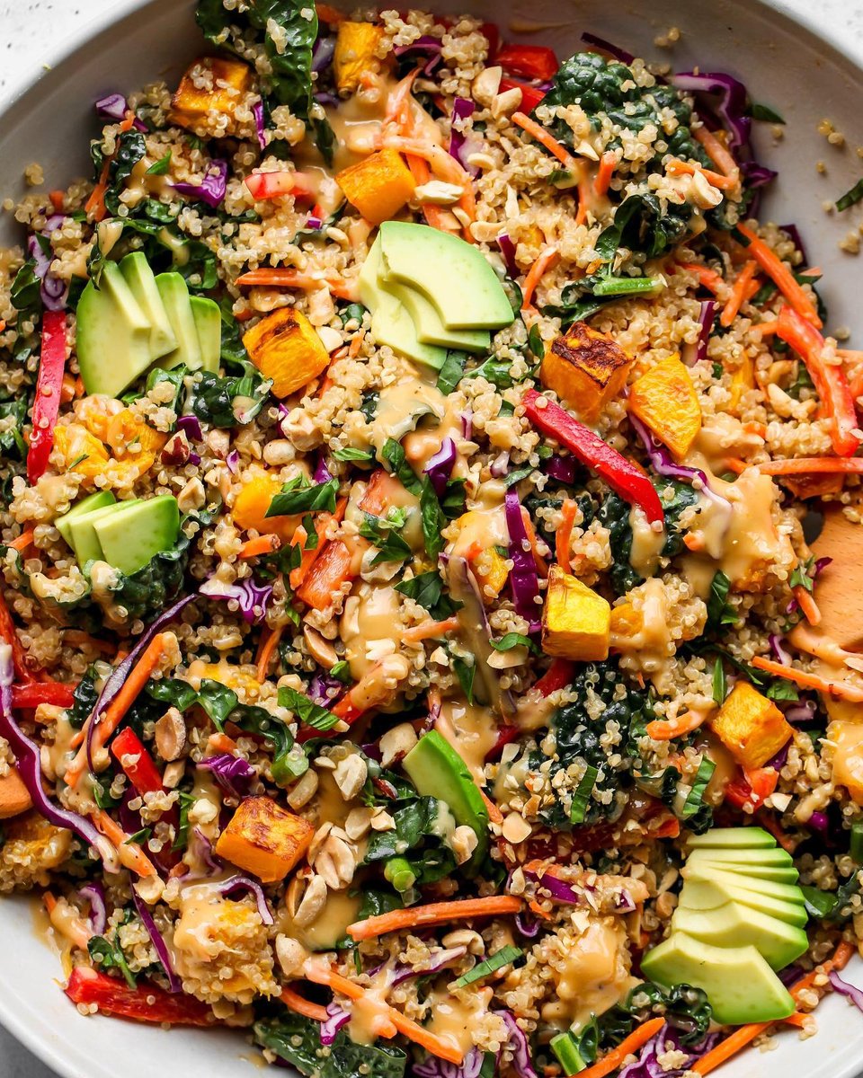 RAWHealthUK's tweet photo. Thai Butternut Squash Quinoa Salad with a Creamy Ginger Dressing. 🤩

@dishingouthealth (IG) has used a mix of colourful, crunchy veggies. By using our RAW Whole Sesame Tahini and Olive Oil, you won't be missing out on antioxidants and gut-loving goodness too!🧡

Shop at @Ocado https://t.co/DWpdkxmRxY