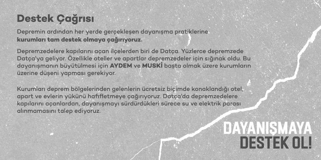 MUSKI ve AYDEM'in depremzedelere kapılarını açanlardan, dayanışmayı sürdürdükleri sürece su ve elektrik parası almamasını talep ediyoruz.

<a href="/AydemEnerji/">Aydem Enerji</a> <a href="/aydemperakende/">Aydem Perakende</a> <a href="/muskibasin/">MUSKİ Genel Müdürlüğü</a>
#DayanışmayaDestekOl
