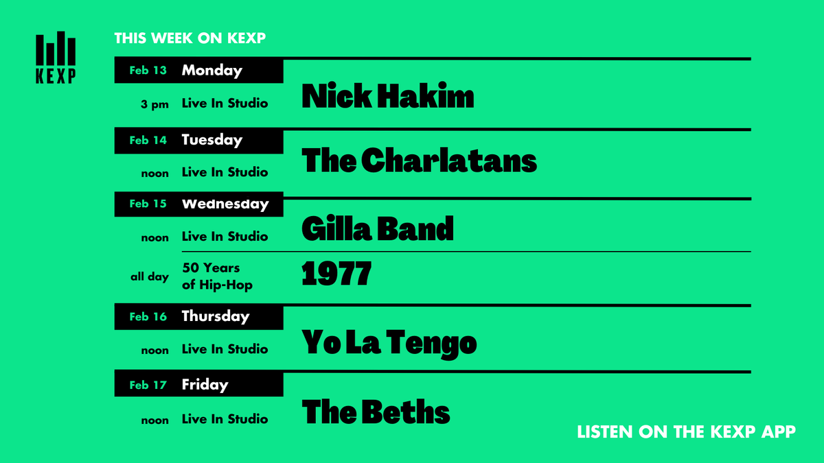 So many incredible artists are dropping into the studio this week. Don't miss @nick_hakim @thecharlatans @GillaBand @TheRealYLT or @THEBETHS Live on KEXP 🔊🔊