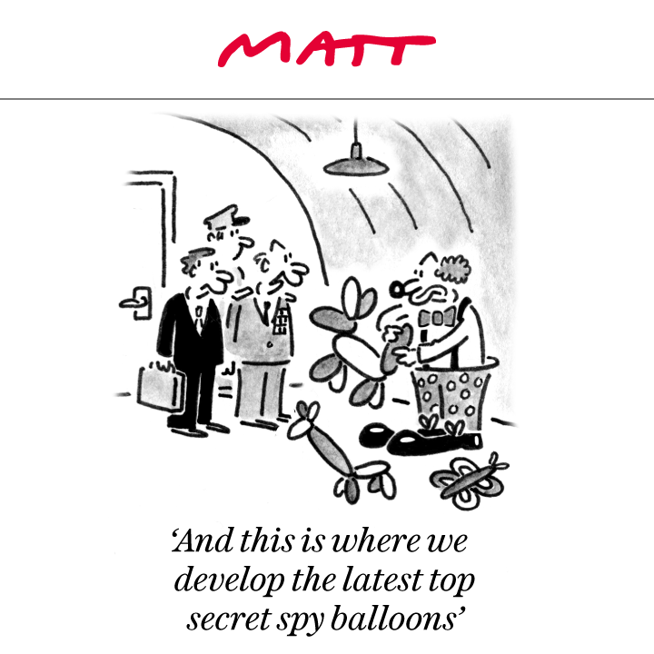 Matt Cartoons (@mattcartoonist) on Twitter photo ✍️ 'And this is where we develop the latest top secret spy balloons'
My latest cartoon for tomorrow's <a href="/Telegraph/">The Telegraph</a>
Subscribe to my weekly newsletter to receive my unseen cartoons: telegraph.co.uk/premium/matt/?… ✍️ 'And this is where we develop the latest top secret spy balloons'
My latest cartoon for tomorrow's <a href="/Telegraph/">The Telegraph</a>
Subscribe to my weekly newsletter to receive my unseen cartoons: telegraph.co.uk/premium/matt/?…