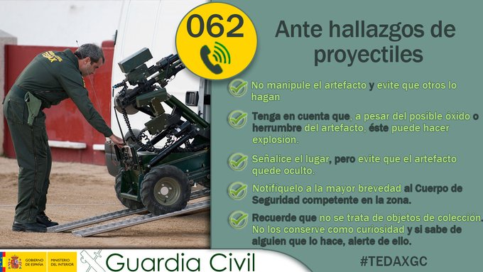 guardiacivil's tweet photo. En caso de hallazgo de proyectiles:
✔No manipules el artefacto y evita que otros lo hagan
✔Señaliza el lugar, pero evita que el artefacto que oculto
✔Notifícalo a la mayor brevedad
✔No son objetos de colección, no los conserves
#TEDAXGC #TrabajamosParaProtergerte https://t.co/4yMl5KrAB7