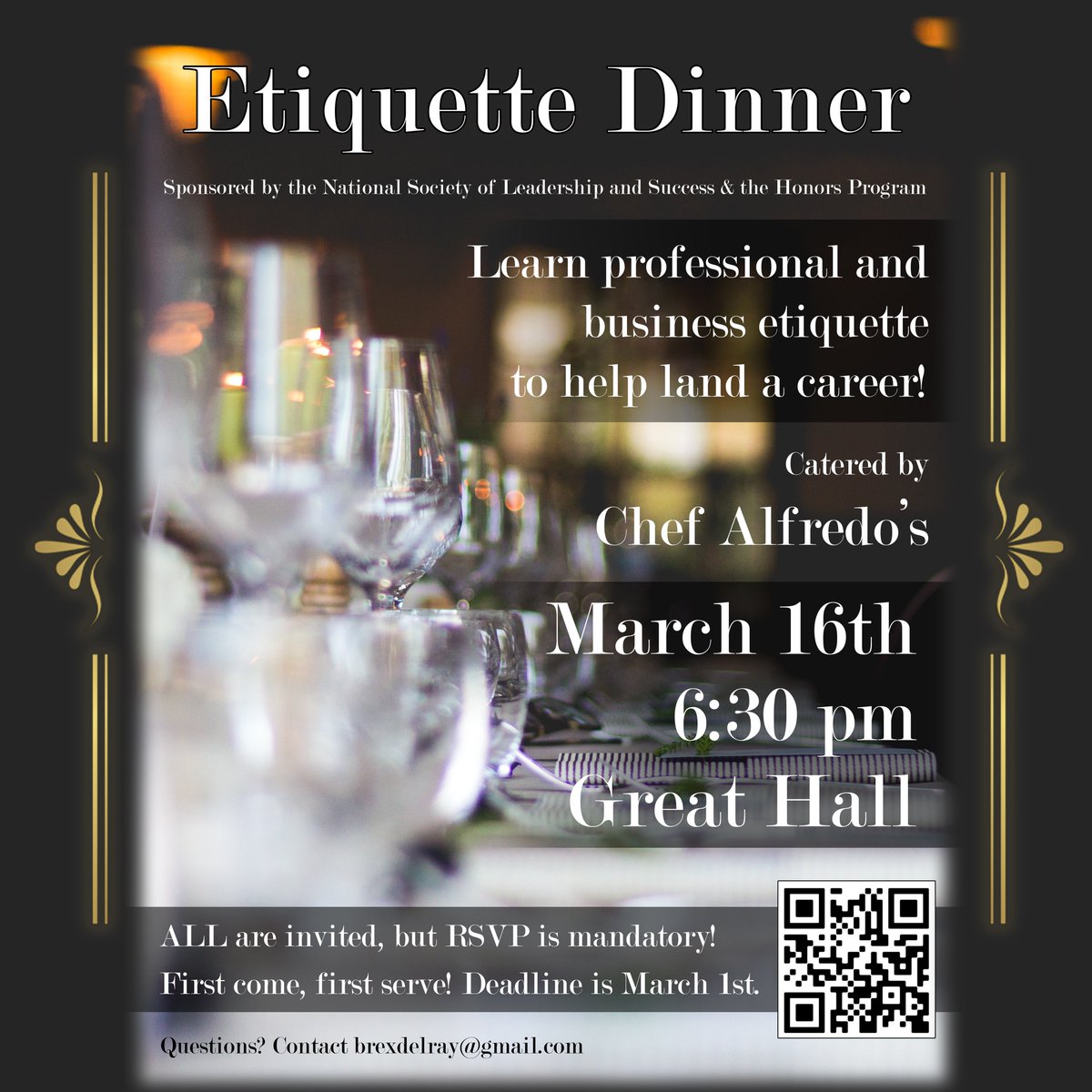 suuhonors's tweet photo. Want to learn how to behave formally and businesslike to look good in front of employers? Well, you can learn these skills at the Etiquette Dinner!
All students are invited, but this is a first come first serve event! So, if you are interested, RSVP ASAP!
https://t.co/Z1jXzU5EhO https://t.co/lRF8VOsYcm