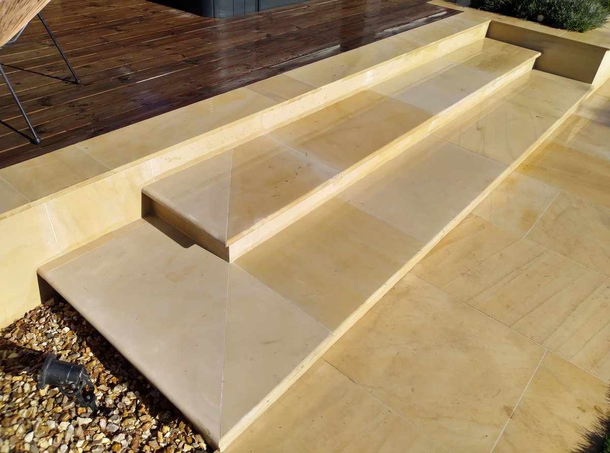 Mitreing <a href="/_LONDONSTONE/">London Stone</a> bull nose steps for that attention to detail <a href="/sm74w/">Stu@Londonstone</a> on this sawn sandstone #landscaping #Nottingham