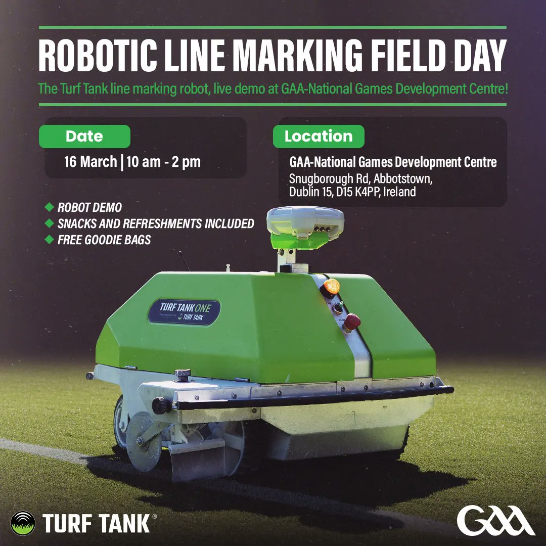 GAA National Games Development Centre (@gaangdc) on Twitter photo ATTENTION Family of Games Ground Staff
FREE - Line Marking Demonstration
March 16th, 2023
GAA National Games Development
<a href="/GAAngdc/">GAA National Games Development Centre</a> <a href="/TurfTankUK/">Turf Tank UK</a> <a href="/officialgaa/">The GAA</a>
To register, click the link below: turftank.com/en/roadshows/ ATTENTION Family of Games Ground Staff
FREE - Line Marking Demonstration
March 16th, 2023
GAA National Games Development
<a href="/GAAngdc/">GAA National Games Development Centre</a> <a href="/TurfTankUK/">Turf Tank UK</a> <a href="/officialgaa/">The GAA</a>
To register, click the link below: turftank.com/en/roadshows/