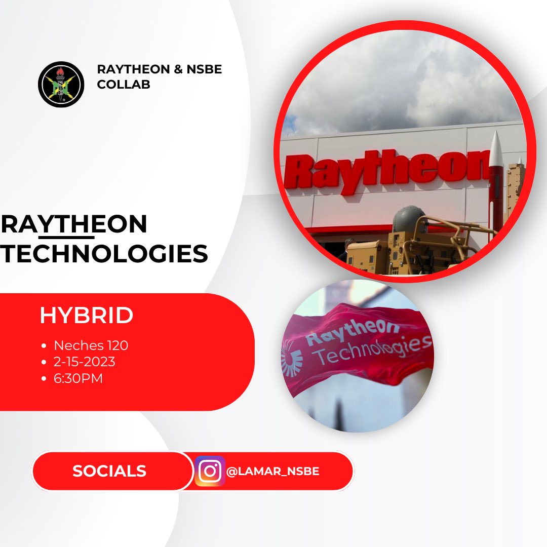 Just a friendly reminder that we will be hosting a hybrid panel discussion in collaboration with Raytheon Technologies, an aerospace and defense conglomerate.

🗓️ 6:30PM CST, Wed, Feb 15

📍Zoom, Neches 120(Set)

Link to the Zoom meeting:
collins.zoomgov.com/j/1612806282?p…

#r5 #nsbe