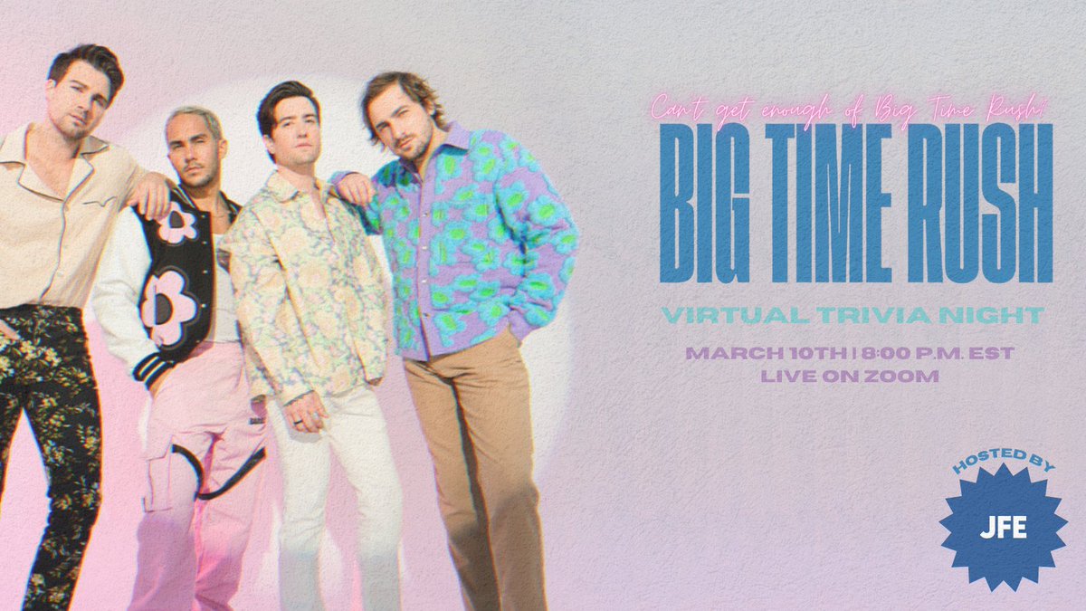 Can't Get Enough of <a href="/bigtimerush/">Big Time Rush</a>? Join us for Big Time Rush Trivia Night. 
Sign up is FREE with the option to donate to support future JFE events. Those who donate will be given the opportunity to win a personalized cameo from Big Time Rush's own James.
eventbrite.com/e/big-time-rus…