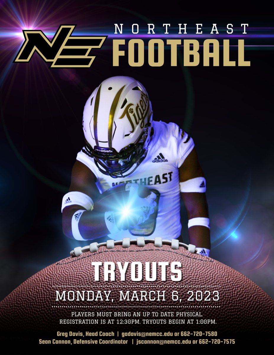 2023 NEMCC Football 🏈 Tryouts Monday March 6th! Bring physical and cleats! Check for weather updates and cancellations.