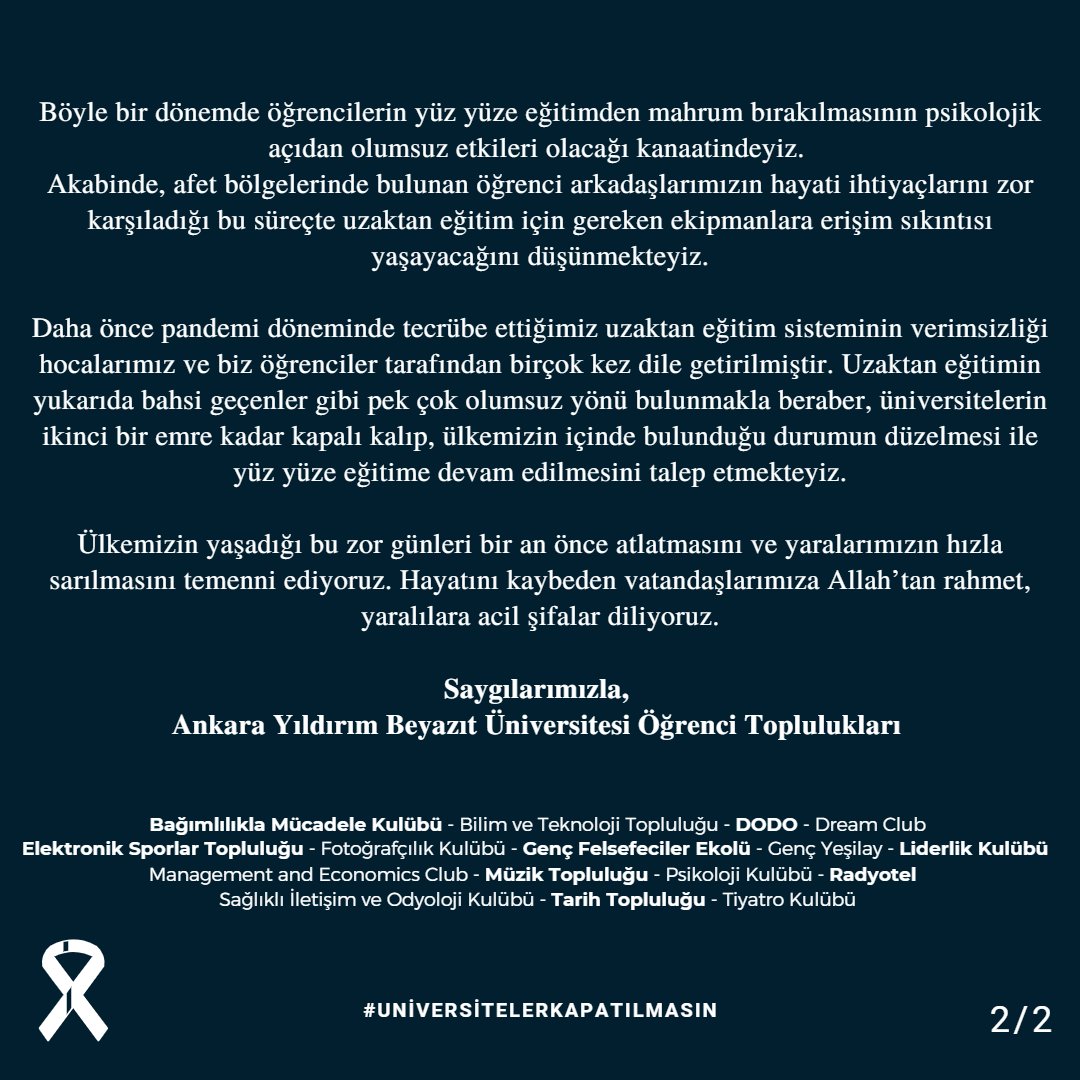 Ankara Yıldırım Beyazıt Üniversitesi Öğrenci Toplulukları olarak online eğitim kararına ilişkin ortak açıklamamızdır.

#univeristelerkapatılmasın #uzaktan