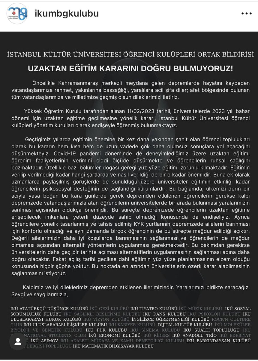 İstanbul Kültür Üniversitesi <a href="/IKUedu/">İstanbul Kültür Üniversitesi</a> öğrenci kulüplerinin ortak bildirisidir. Umarım alınan karar yeniden gözden geçirilir. #UzaktanEğitimİstemiyoruz #ikumobigen #ikumbgkulübü
