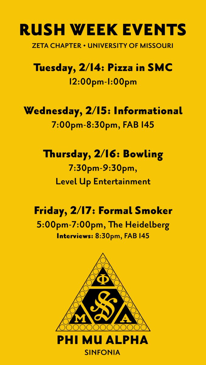 Here are our rush week events!

*Formal smoker and interviews are required for anyone intending to rush
