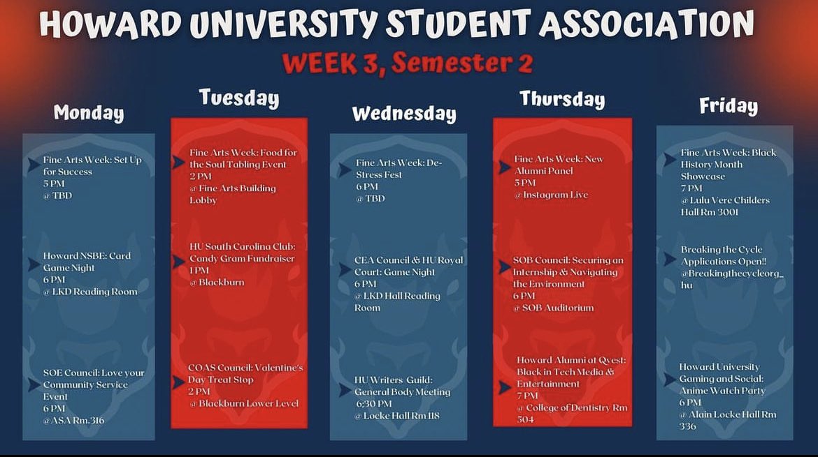 Happy Monday, Bison! 🦬

We hope that you’ve had a restful weekend. You’re sure to have an eventful week according to this Bison-Know-It-All! 

We’ll see you next week with even more events! ❤️💙