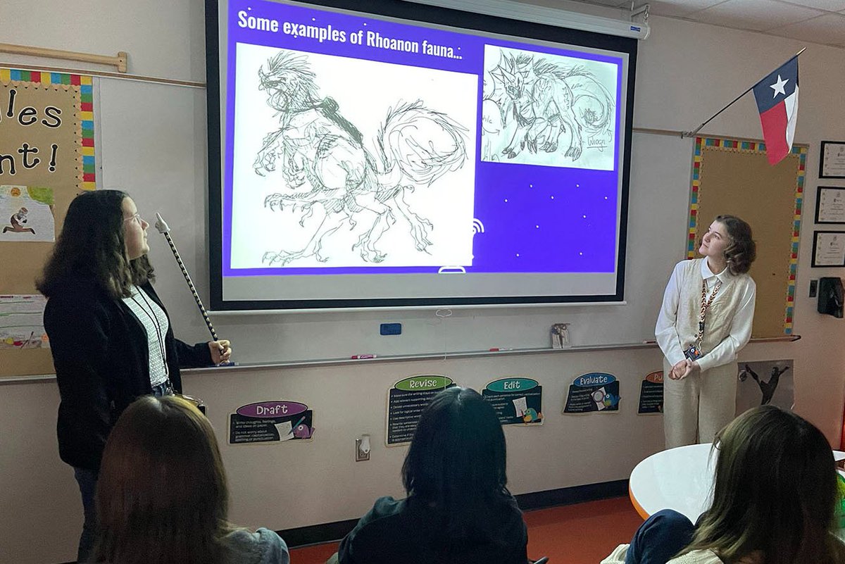 Students presenting in the Humanities Lab. After reading Ray Bradbury's The Martian Chronicles, these students designed their own planet. <a href="/memorial_hs/">Principal M @ MECHS</a> <a href="/El_McAfee/">Erin L McAfee</a> @MrTrottAtMECHS <a href="/Tbirdtheteacher/">Traci Hernandez M.Ed.</a> <a href="/ramosmashburn/">Connie RamosMashburn</a>  <a href="/MandyEpley/">Mandy Epley</a> <a href="/DrChapmanCISD/">Dr. John E. Chapman III - Comal ISD Superintendent</a>