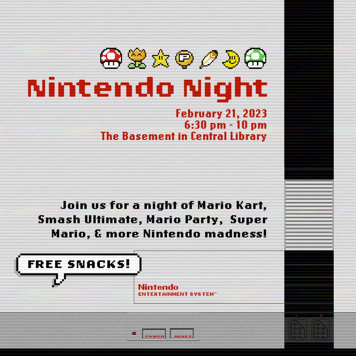 UTABasement's tweet photo. It's-a time to get excited for our very first Nintendo theme night here at The Basement next Tuesday, February 21st from 6:30 pm to 10 pm! Join us for a night of Nintendo party games, free snacks, and friendly competition 🎮🕹️ https://t.co/oxPQQru4CH