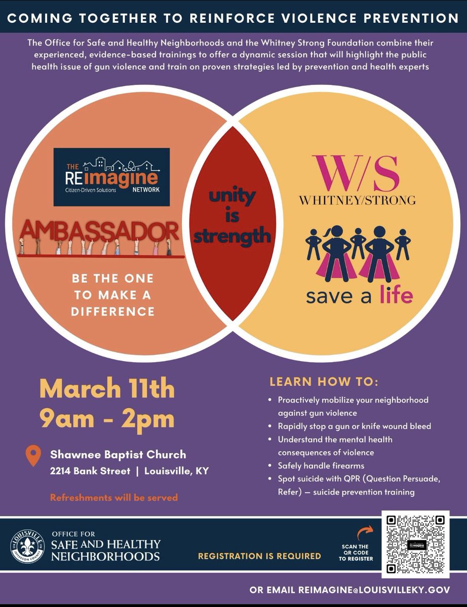 Check out this event offered by @SafeHealthyLou and Whitney Strong as they offer community a full day training on violence prevention! Saturday, March 11th from 9am-2pm. Be there!