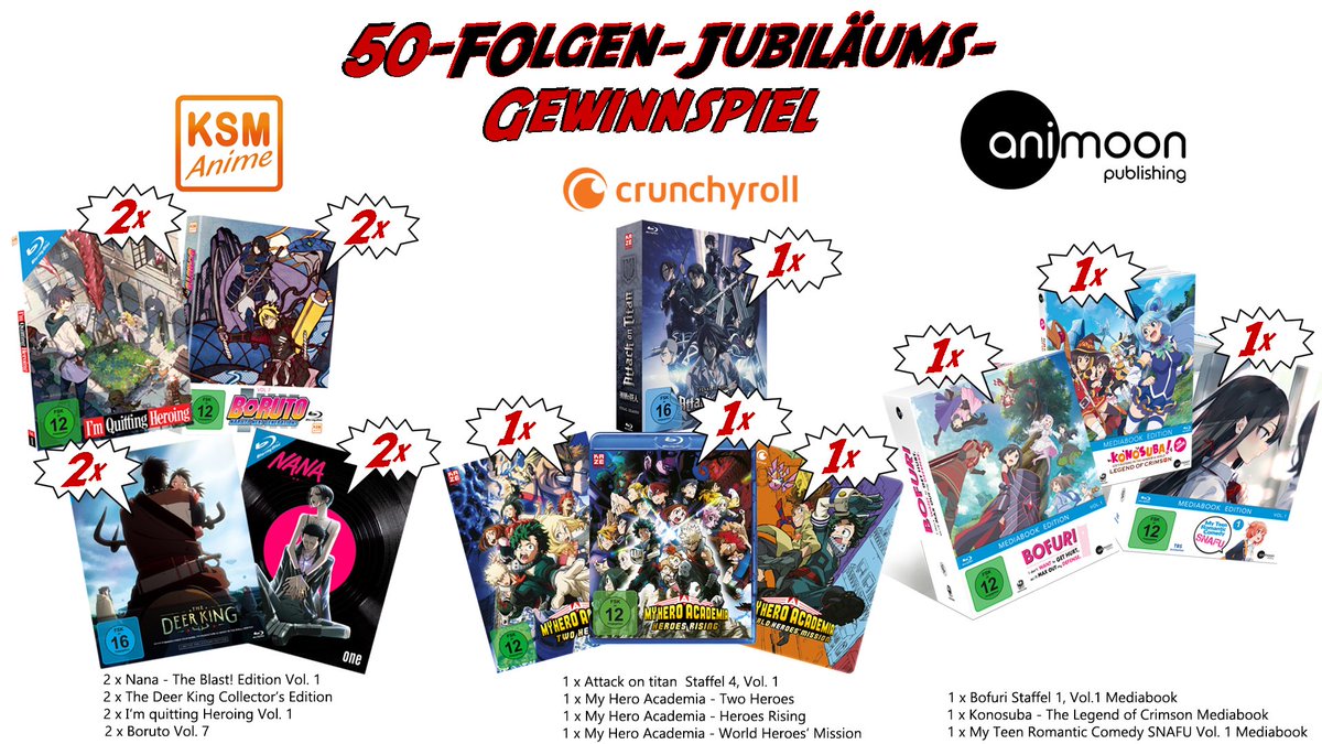 Zur Feier unseres 50-Folgen-Jubiläum gibt es ein Gewinnspiel und unsere lieben Freunde von <a href="/AniMoonAnime/">AniMoon Publishing</a>, <a href="/Crunchyroll_de/">Crunchyroll.de✨</a> &amp; <a href="/KSMAnime/">KSM Anime</a> haben dicke Spendierhosen an!

Für die Teilnahme (bis zum 20.02.23 23:59):
❤️Like
🏃‍♀️Follow
🔄 Retweet
⌨️GIF des Wunschpreises in die Kommentare!