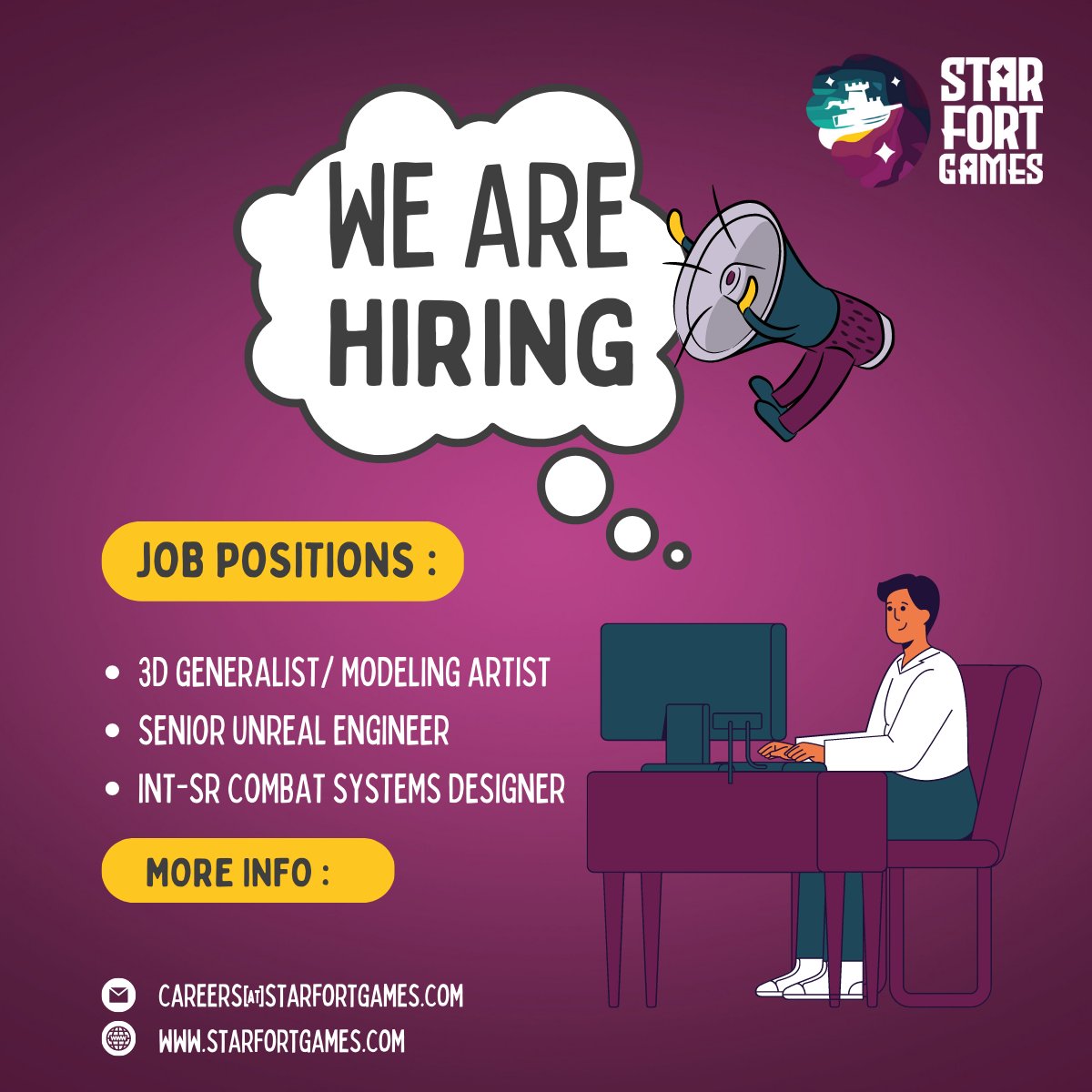 We are hiring, check out our website for details on the roles, don’t see what you are looking for? Send us your resume/portfolio, and we will keep it on file for future opportunities. 
starfortgames.com

#indiejobs #devjobs #designjobs #artjobs #gamedev #indiegames