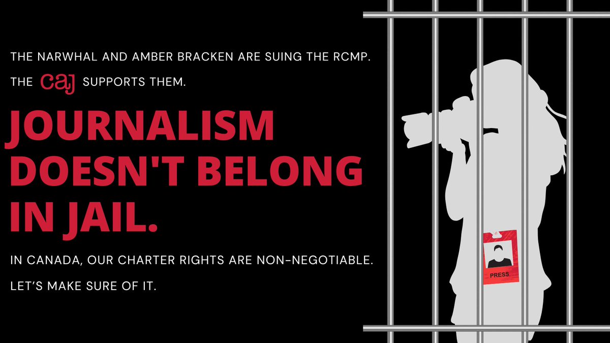 Today is a HUGE day for press freedom.

The Narwhal &amp; Amber Bracken are suing the RCMP for violating Charter rights granted to journalists.

The CAJ strongly supports this. We hope it is yet another wake-up call to police that journalism is not a crime

📄:newswire.ca/news-releases/…