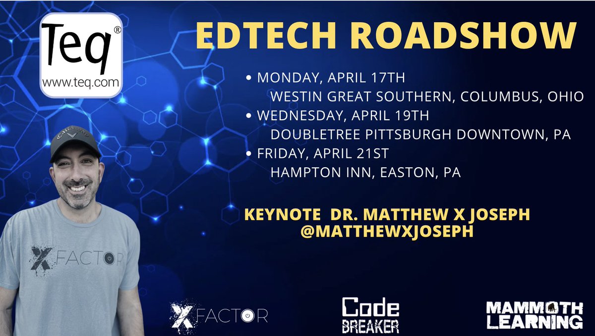 MatthewXJoseph's tweet photo. Excited and honored to Keynote at @TeqProducts EdTech Roadshow in April. Live near Columbus, Pittsburgh, or Easton PA, Join us! You might just see @jedipadmaster @MrsHayesfam @Stefanowicz135 @mraspinall @StuCentWorld @TannenbaumTech @Rdene915 and more
#codebreker #xfactorEDU https://t.co/NDxfxF7UtH