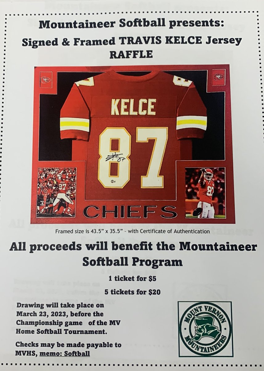 MtVernSoftball's tweet photo. The Mt Vernon girls softball team is raffling off a signed Travis Kelsey jersey until March 23rd.  See a softball player or see us at the home basketball game on 2-14 or at the tournament March 20-23.  @MVHighSchool @TheRecordMV @MVHS_AD @MVR5Schools https://t.co/R47Xg8KIoB