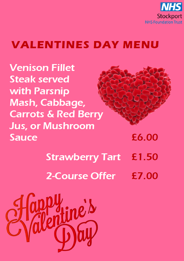 estates_nhs's tweet photo. Special Menu for Valentines Day ❤️
Get yourselves down the the restaurant for a LOVE-ly meal 💕
Available on 14th February 2023 only. @StockportNHS @DuncanONeill2 #ValentinesDay https://t.co/BRUEXfAMgb