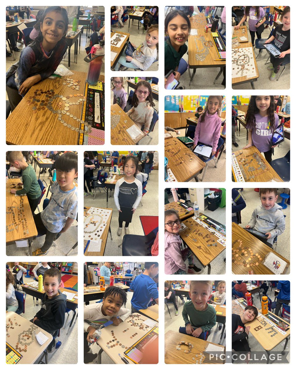 MrsMcCabeNB's tweet photo. The students enjoyed many fun hands on activities to celebrate the 100th Day of School. They used 100 coins to build and create designs. #Saw_mill_strong https://t.co/HoYtPVrlTM