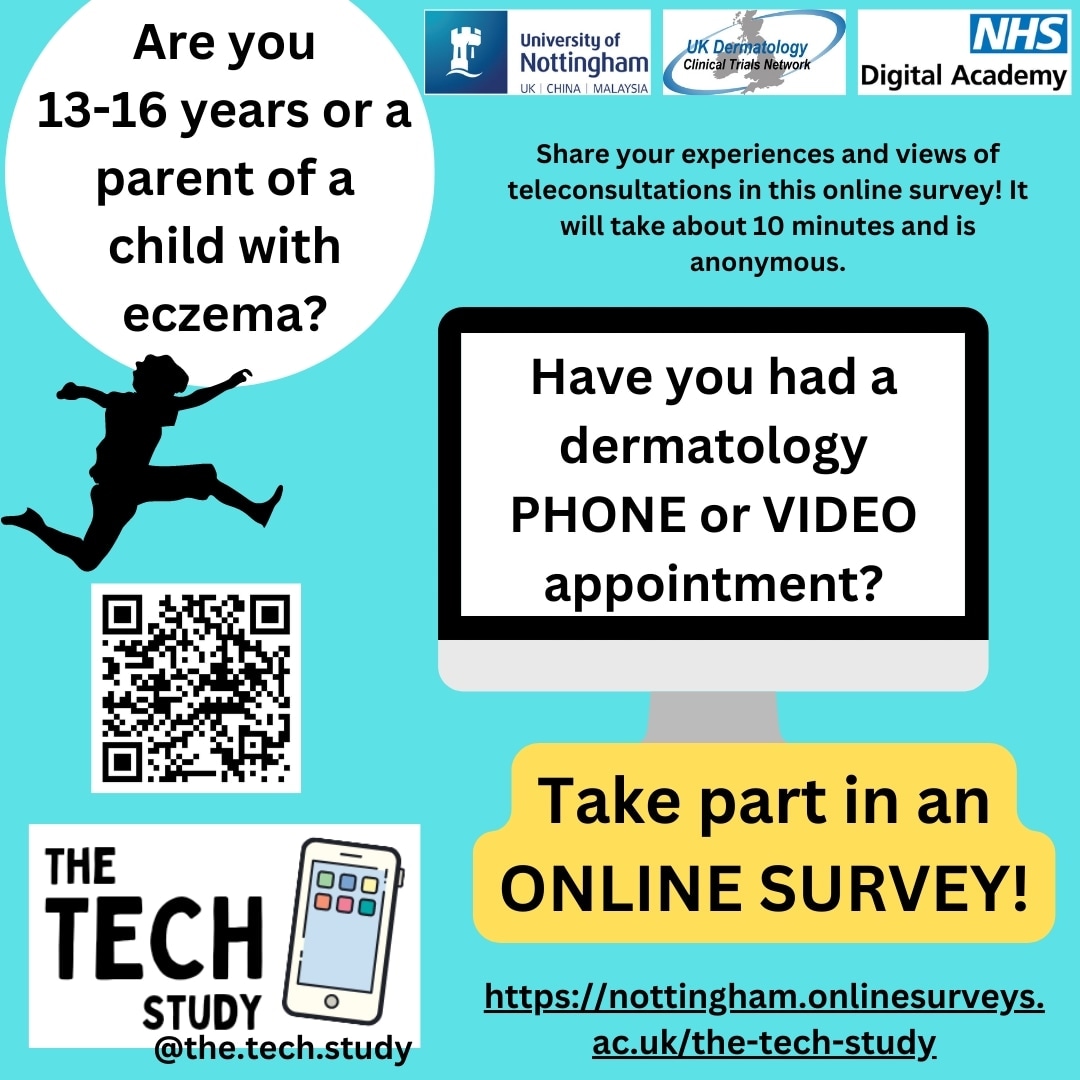 There's still time to take part in our survey if you haven't already!

Calling all parents &amp; young people who have had phone or video appointments for their #eczema in dermatology!

To find out more, or to take part, visit:
nottingham.onlinesurveys.ac.uk/the-tech-study