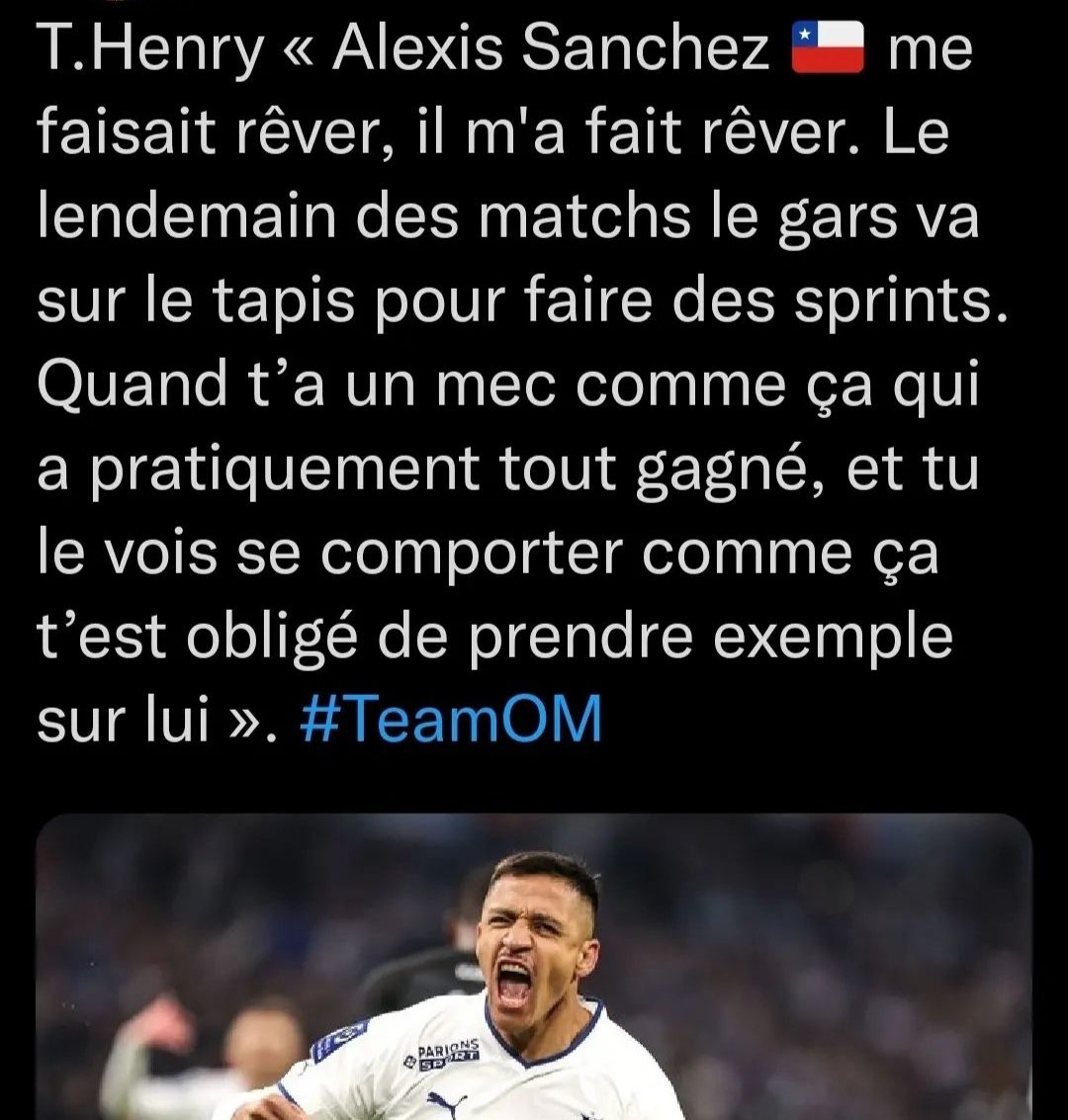 FootFrancki's tweet photo. OM ☑️ Déclaration Thierry Henry 🇫🇷 sur Alexis Sanchez . " Alexis Sanchez me faisait rêver, il m'a fait rêver. "
Bref NON il est pas cramé 🤣
@OM_Officiel #TeamOM #MercatOM @PrimeVideoFR #sanchezOM https://t.co/UEu4nExaAz